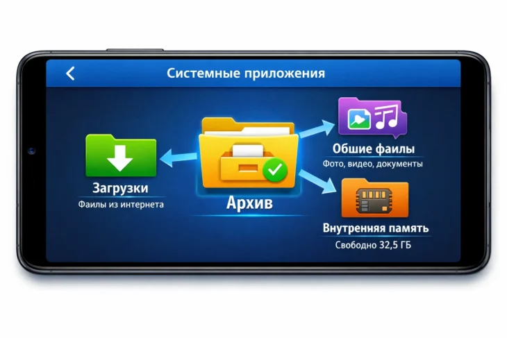 1. Вместо изображения вставь alt текст с описанием: "Яркая и современная схема смартфона в горизонтальной ориентации на темном экране, показывающая внутреннее меню с выделенными значками 'Архив', 'Файлы', иконкой 'Документы' или 'Системные приложения', а от нее ведут визуальные стрелки-ссылки к другим важным разделам памяти телефона: «Загрузки», «Общие файлы», «Внутренняя память»" 2. Оптиль изображения - четкий и цифровой, в духе современной инфографики, чтобы сразу пояснить тему статьи о поискеархива на устройстве. Three. Не начинай со слов "изображение", «картинка", «фото". Напиши только текст alt без указания что это alt. Four. Напиши альтернативный текст (alt) для изображения на сайте, следуя правилам: Five. Будь точен и краток (до 125 символов). Six. Пиши альтернативный текст (alt) для изображения на сайте, следуя правилам: Seven. Напиши суть и функцию изображения в контексте. Eight. Изображение: modern smartphone memory organization infographic. Nine. Требуется опытный SEO-специалист. Сгенерируй корректный альтернативный текст (alt) для изображения на сайте, следуя правилам: Ten. Опши суть и функцию изображения в контексте.