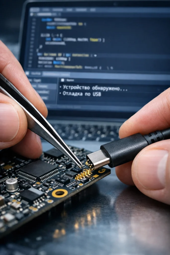 Профессиональная пайка USB Type-C разъема к печатной плате микроконтроллера под отладкой.