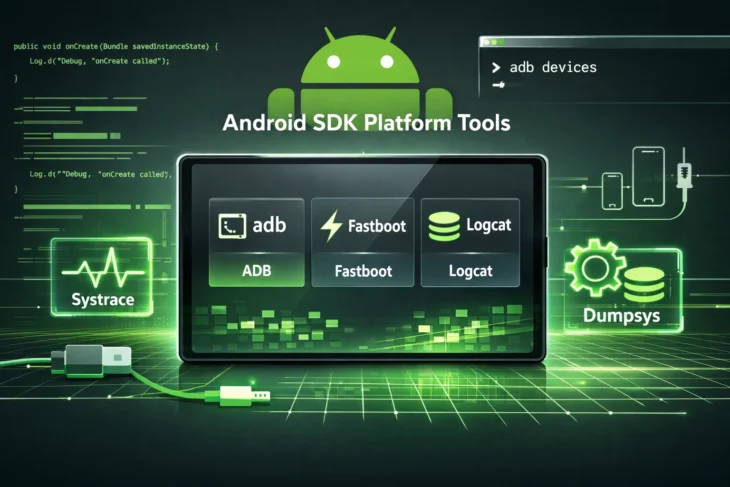 Интерфейс планшета Android с инструментами adb, fastboot, logcat для разработки.
