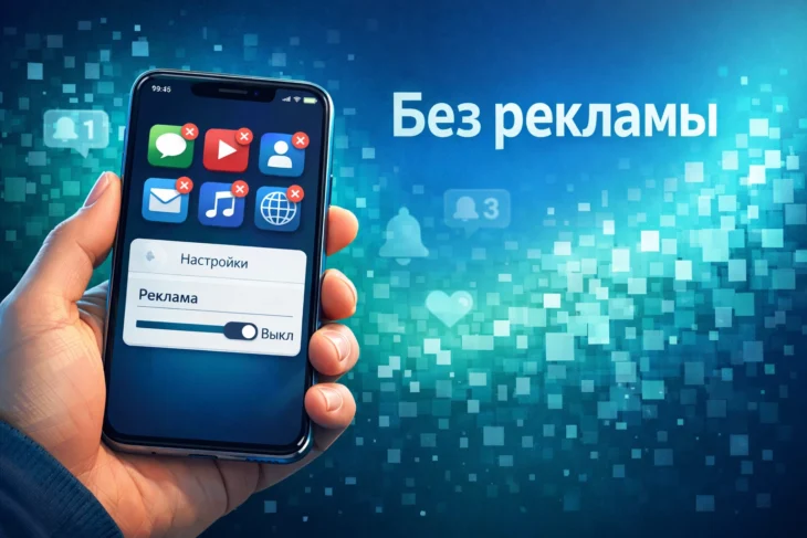 Смартфон с отключённой рекламой в настройках и чистым экраном.